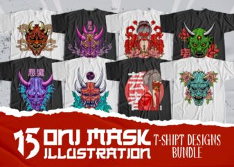 Oni mask illustration bundle, Oni mask vector t-shirt design, Oni mask graphic tees,
