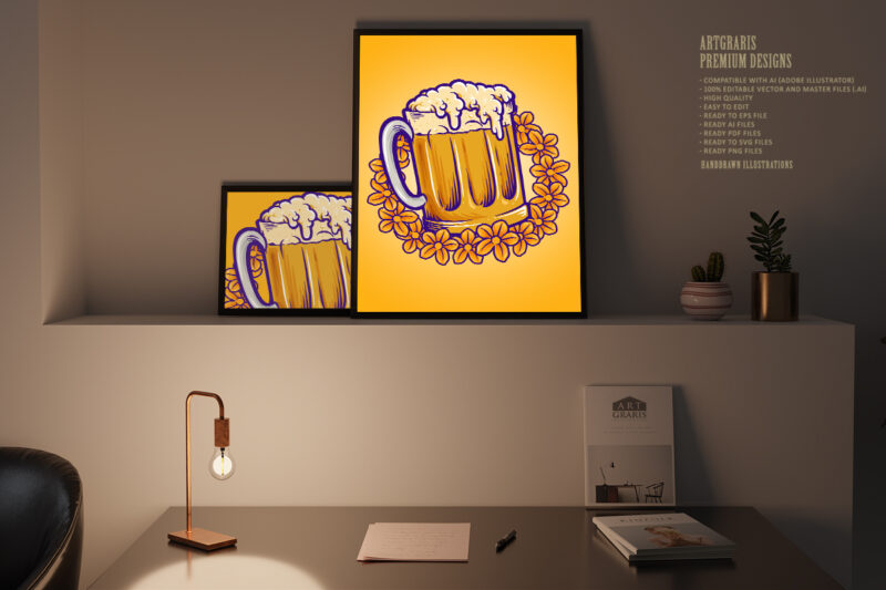 Beer Glass, flowers Summers Party Logo Illustrations