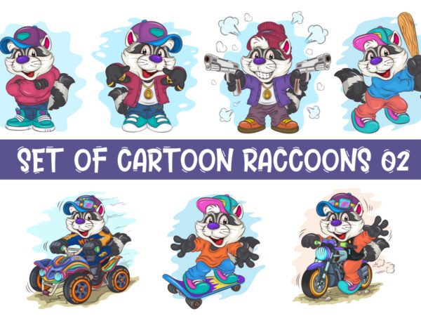 Set of cartoon raccoons 02. t-shirt.