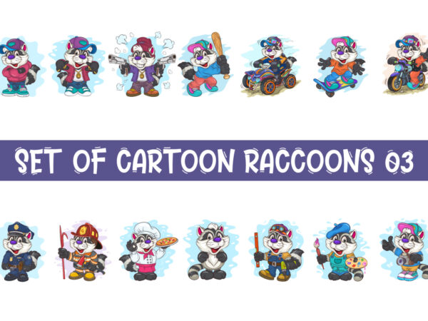 Set of cartoon raccoons 03. t-shirt.