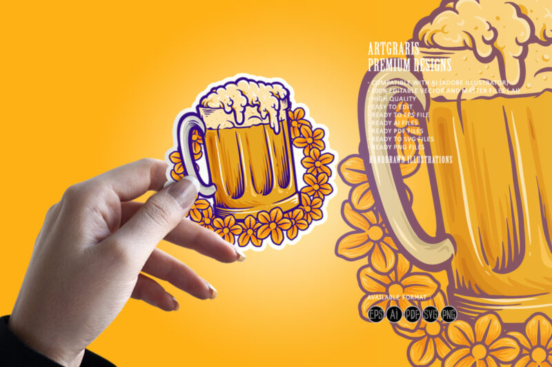 Beer Glass, flowers Summers Party Logo Illustrations