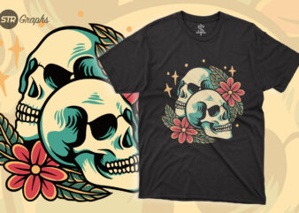 Twin Skull Head – Retro Style t shirt designs for sale