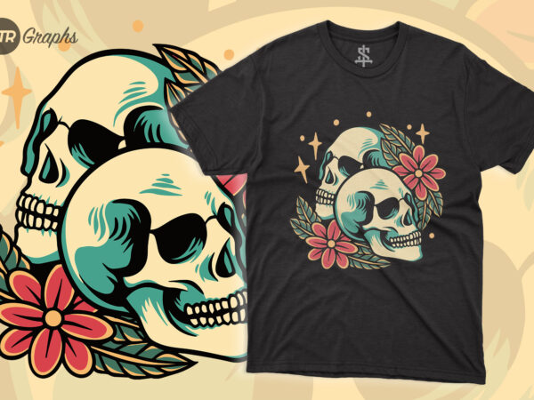 Twin skull head – retro style t shirt designs for sale