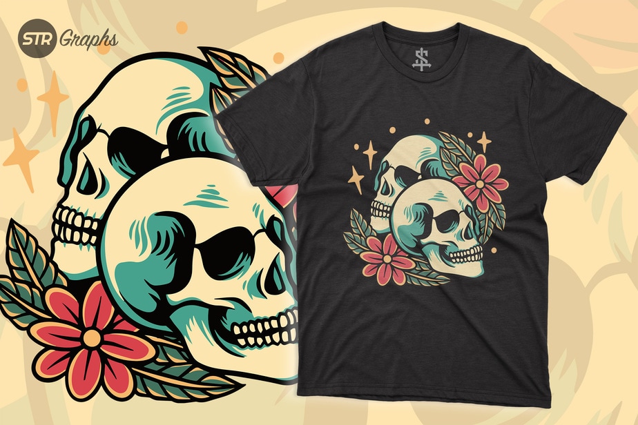 Twin Skull Head - Retro Style - Buy t-shirt designs