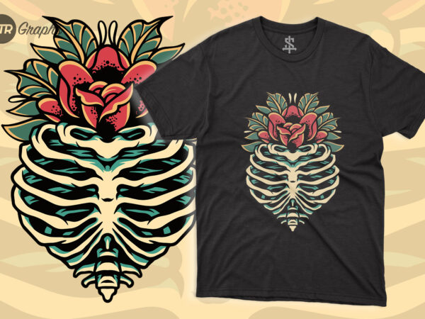 Rib skull flower – retro style t shirt design online