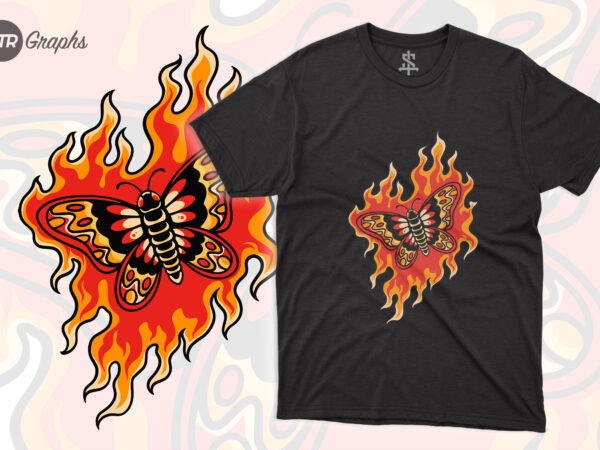 Butterfly on fire retro style t shirt template