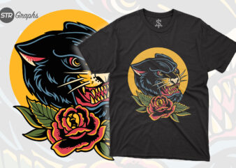 Black Panther With Flowers t shirt template