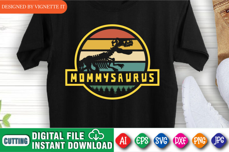 Mommy Saurus T shirt design, t rex vector, happy mother’s day, animal print, silhouette background, dinosaur lover design, mom shirt print template, mommy dinosaur, dinosaur skeleton