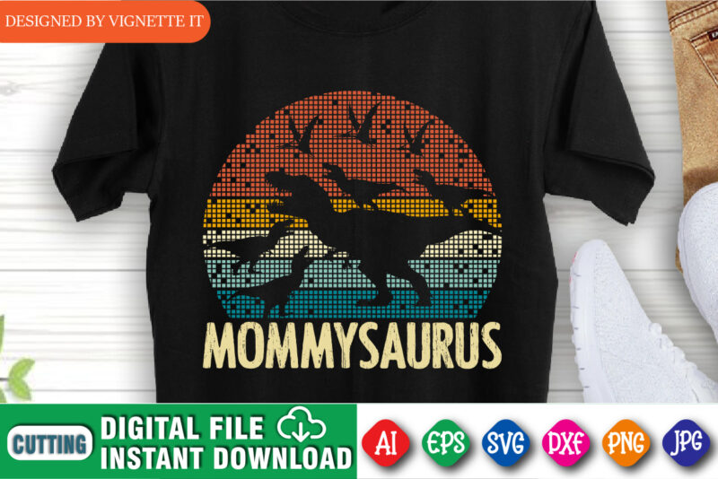 Mommy Saurus Shirt, Mother’s Day Shirt, Happy Mother’s Day Shirt, Vintage Pixel Sunset Shirt, Mother’s Day Pixel Sunset Shirt, Mom Dinosaur Shirt, Mother’s Day T-Rex Shirt Template