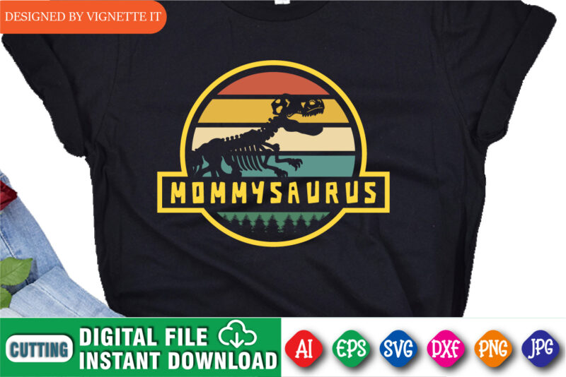 Mommy Saurus T shirt design, t rex vector, happy mother’s day, animal print, silhouette background, dinosaur lover design, mom shirt print template, mommy dinosaur, dinosaur skeleton