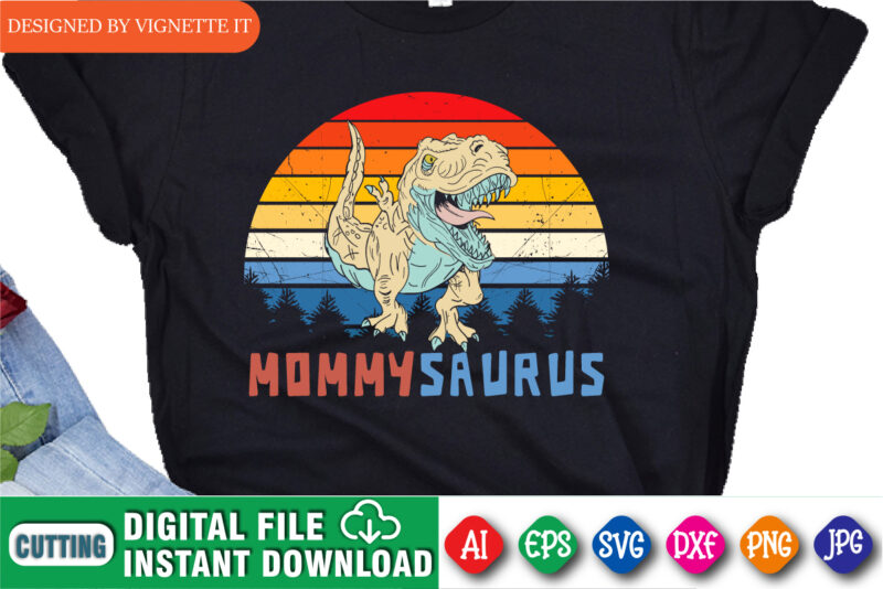 Mommy Saurus T shirt design, t rex vector, happy mother’s day, animal print, silhouette background, dinosaur lover design, mom shirt print template, mommy dinosaur, jungle tree