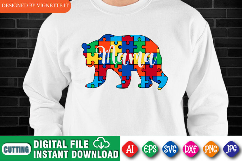 Autism Mama Bear, DIY Awareness Mom T Shirt, Cute Puzzle Bear Cub Design, Autism awareness puzzle, puzzle pattern print template, mother’s day shirt, mom shirt