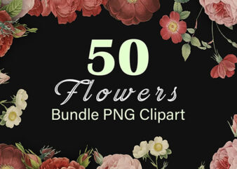 Printable Flowers. 50 Vintage Colorful Flower Clipart Bundle – Transparent Background PNG Files. PNG Flowers. Transparent Background Flowers