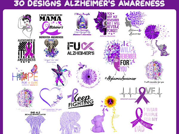 30 alzheimer’s awareness png bundle , awareness elephant purple , i will remember for you png , forget me not , submilation designs