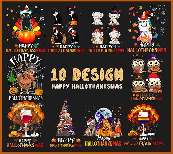 Happy Hallothanksmas Png bundles-Happy Halloween Thanksgivng Chirstmas PNG, One thankful PNG,Cat dog Halloween PNG