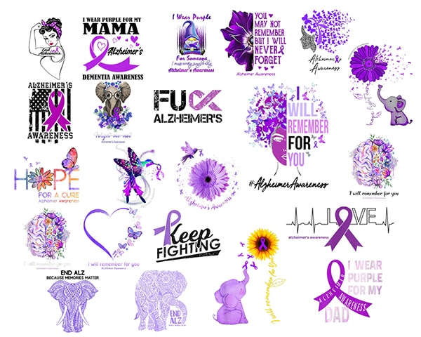30 alzheimer’s awareness png bundle , awareness elephant purple , i will remember for you png , forget me not , submilation designs