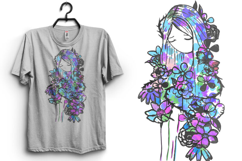Hand drawing beautiful girl with flowers. For t-shirt design, poster, banner and other design.