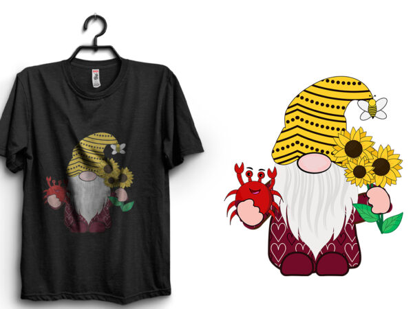 Gnome with crab and sunflower in summer t shirt design template