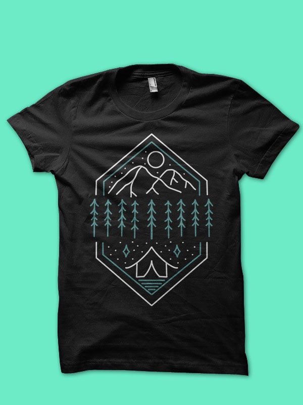 mountain camping monoline t-shirt design
