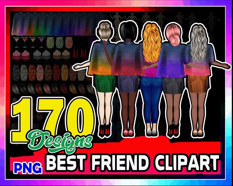 Combo 170 Best Friend Clipart, Soul Sisters, DIY portrait, Girls in Jeans Jackets. Hair Clipart. Fashion Illustration, Sublimation Design 946408757