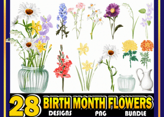28 Birth Month Flowers Clipart, Watercolor Floral PNG , DIY Birth Month Flower Print Creator Kit, Flower Graphic, Botanical Clipart, Jpeg 985133644