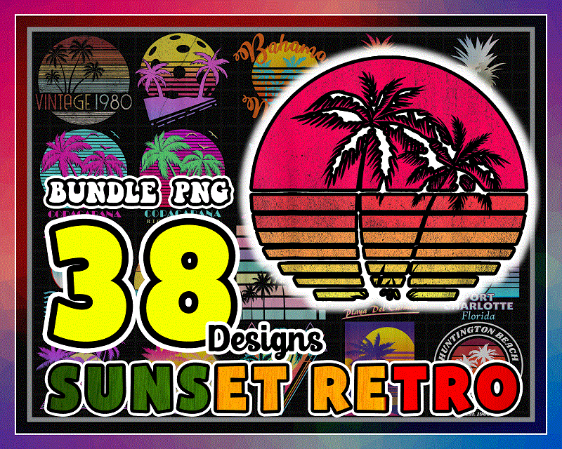 Bundle 38 Sunset Retro Png, Retro 1980s 1990s Png, Summer Holiday, Vintage Retro Sunrise Palm Trees Png, Adventure png, Vaporwave Palm Trees, Digital Download 996952859