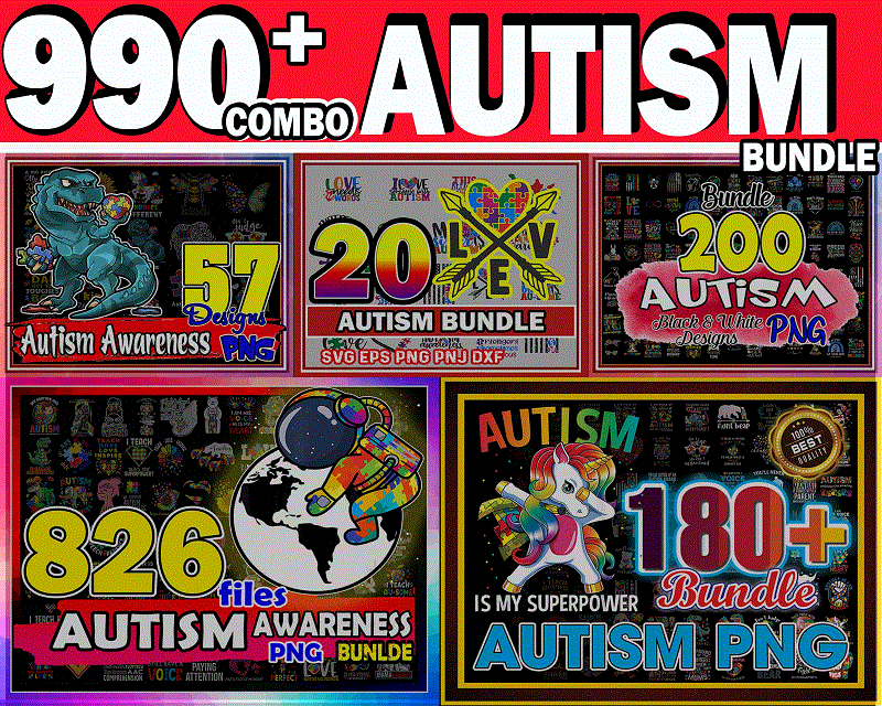 Combo 990+ Autism SVG Bundle, Autism Awareness, Autism Rainbow PNG, Peace love autism, Autism rainbow png, Autism Gift, Instant download CB769394850