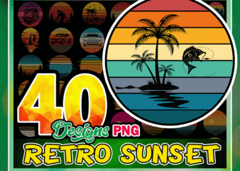 40 Retro Sunset Png Bundle, Vintage Retro Sunset Png, Retro Tropical Beach Png, Beach Palm Tree, Sunset Sublimation, Vintage Retro Bundle 964124587