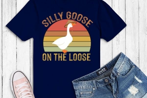 Vintage retro sunset silly goose on the loose t-shirt design svg, silly goose on the loose png, mothers goose day, funny duck, cowboy goose duck, vintage, cool,