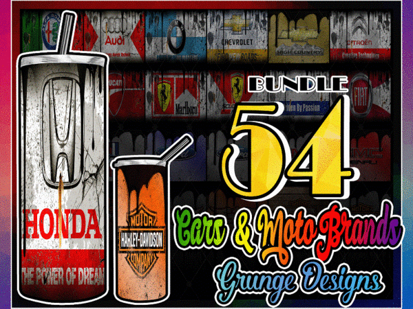 Combo 54 cars & moto brands grunge design tumber, 20oz skinny straight,template for sublimation,full tumbler, png digital download 1014533239