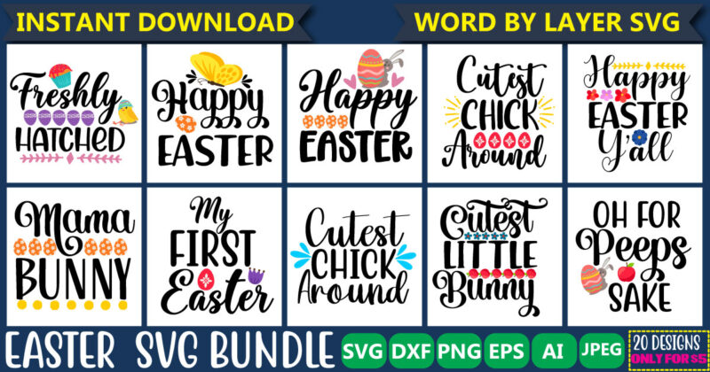 Easter Svg Bundle, vol 2 Svg Vector T-shirt Design Easter , Happy Easter Bundle Svg, Christian Svg, Bunny Svg, Cut Files For Cricut, Silhouette, Digital File, Bunny Svg,easter Bundle Dxf,