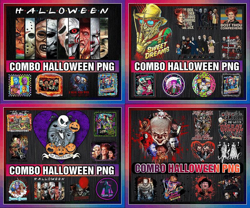 Combo 32 Designs Halloween png, Halloween Characters, Horror Killers, Freddy, Saw, IT, Chucky, Digital Design. PNG Digital Download CB1049069859