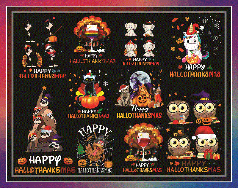 Bundles Happy Hallothanksmas Png, Happy Halloween, Thanksgiving Christmas PNG, One thankful PNG, Cat dog Halloween PNG, Digital Download 864618278