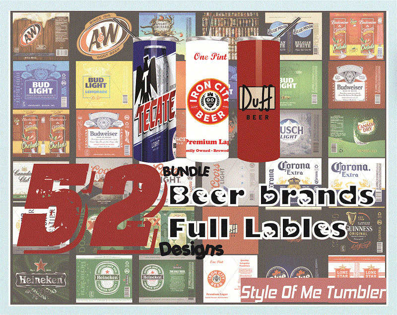 Combo 52 Beer Brands Full Labels Designs Tumber, 20oz Skinny Straight,Template for Sublimation,Full Tumbler, PNG Digital Download 1014533239