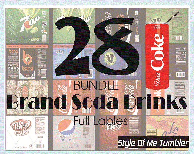 Combo 28 Brand Soda Drinks Full Labels Designs Tumber, 20oz Skinny Straight,Template for Sublimation,Full Tumbler, PNG Digital Download 1014533239