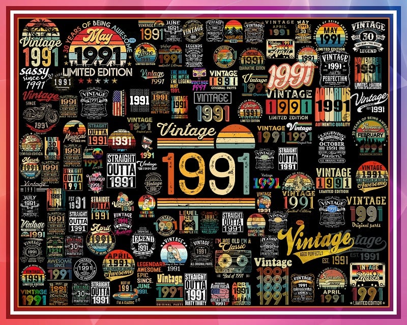 400 Vintage 1991 png Bundle, Born in 1991, Vintage Birthday, Happy Birthday, Vintage Retro 30 years birthday, Digital Download 1021779371