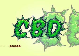 Cannabidiol word lettering with weed smoke Ilustrations