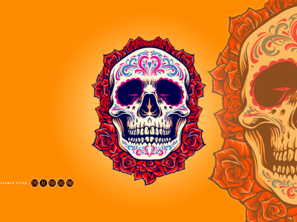 Mexican skull logo mascot with roses illustrations t shirt designs for sale