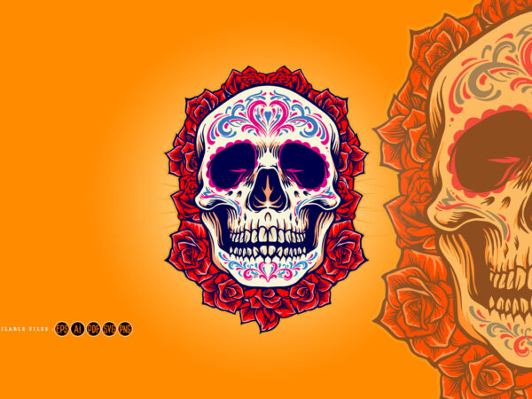 Mexican skull logo mascot with roses illustrations t shirt designs for sale Mexican skull logo mascot with roses illustrations t shirt designs for sale