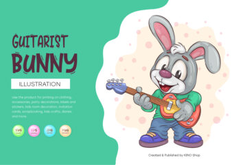 Cartoon Bunny Guitarist. T-Shirt, PNG, SVG.