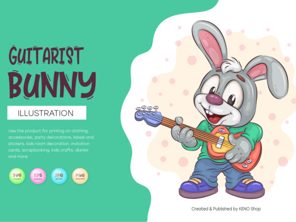 Cartoon bunny guitarist. t-shirt, png, svg.