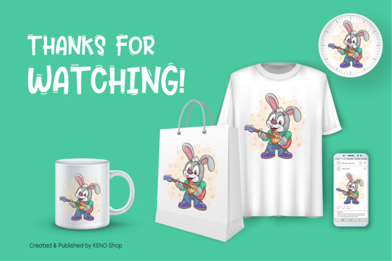 Cartoon Bunny Guitarist. T-Shirt, PNG, SVG.