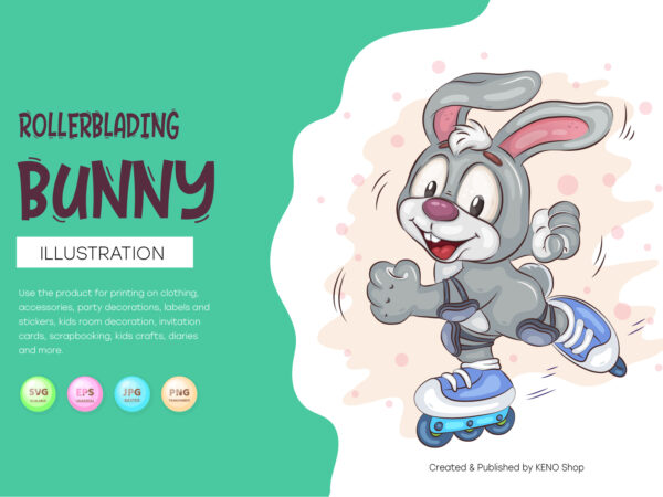 Cartoon bunny rollerblading. t-shirt, png, svg.