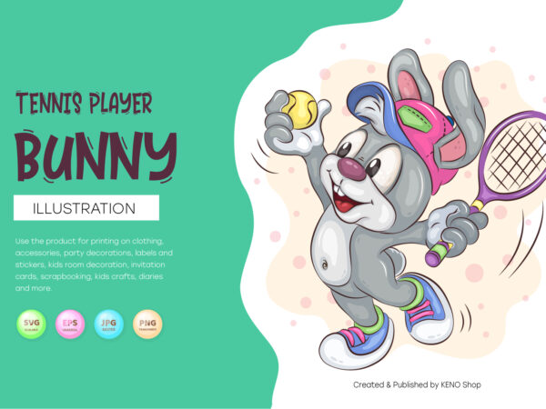 Cartoon bunny tennis player. t-shirt, png, svg.