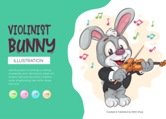 Cartoon Bunny Violinist. T-Shirt, PNG, SVG.
