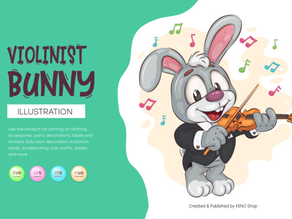 Cartoon bunny violinist. t-shirt, png, svg.