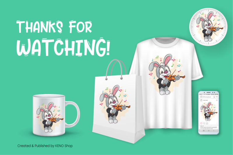 Cartoon Bunny Violinist. T-Shirt, PNG, SVG.