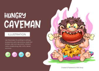 Cartoon Hungry Caveman. T-Shirt, PNG, SVG.