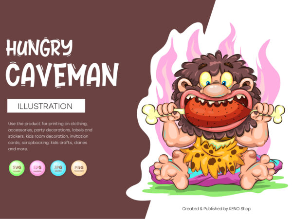Cartoon hungry caveman. t-shirt, png, svg.