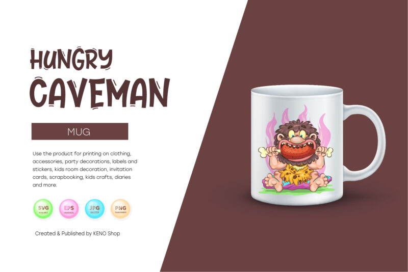 Cartoon Hungry Caveman. T-Shirt, PNG, SVG.